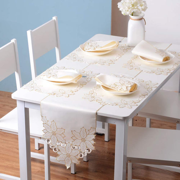 Embroidered Poinsettia Flowers Table Runner Sets