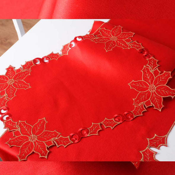 Embroidered Poinsettia Flowers Table Runner Sets