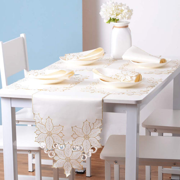 Embroidered Poinsettia Flowers Table Runner Sets