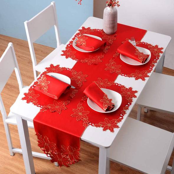 Embroidered Poinsettia Flowers Table Runner Sets
