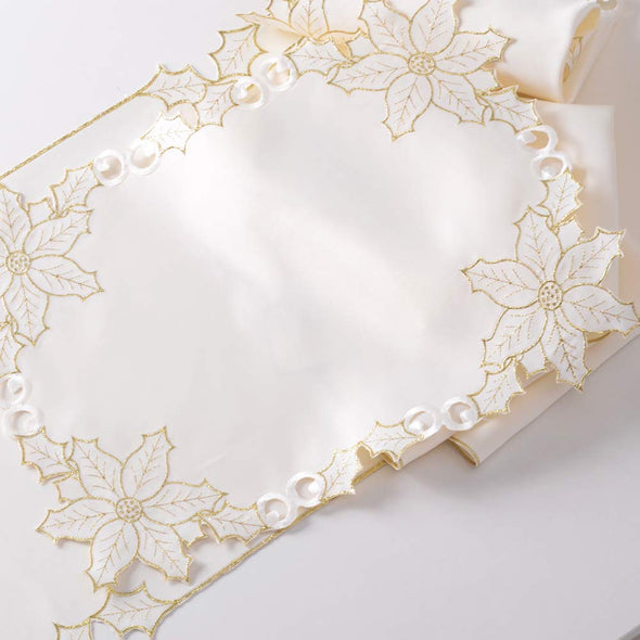 Embroidered Poinsettia Flowers Table Runner Sets
