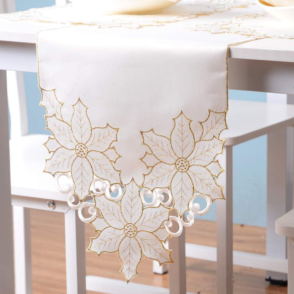 Embroidered Poinsettia Flowers Table Runner Sets
